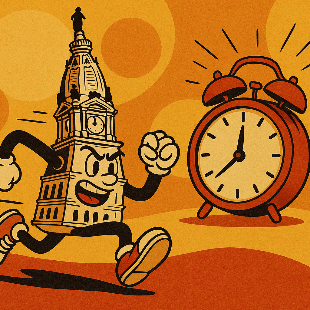 A cartoon Philadelphia City Hall racing against the clock to spend borrowed funds