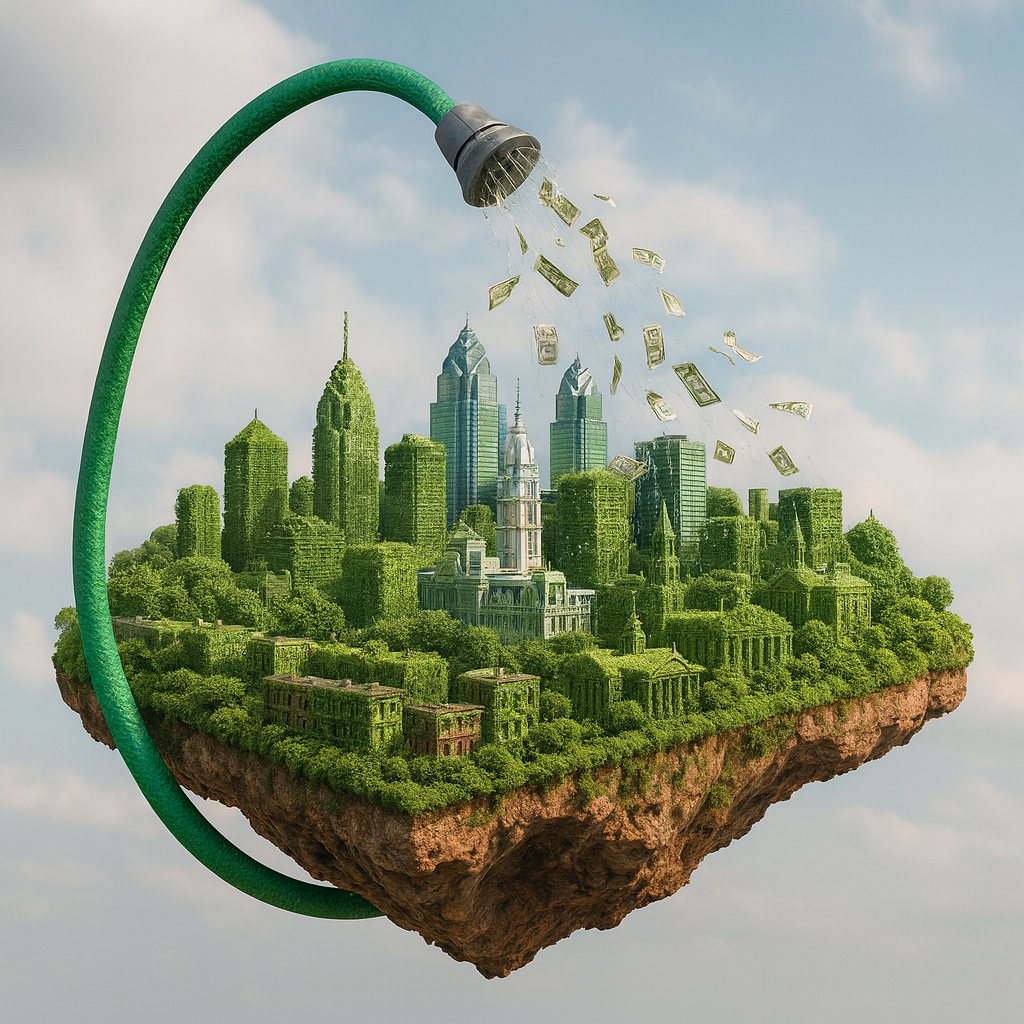 A garden hose watering Philadelphia with General Fund dollars sourced from the city's base generating widespread growth