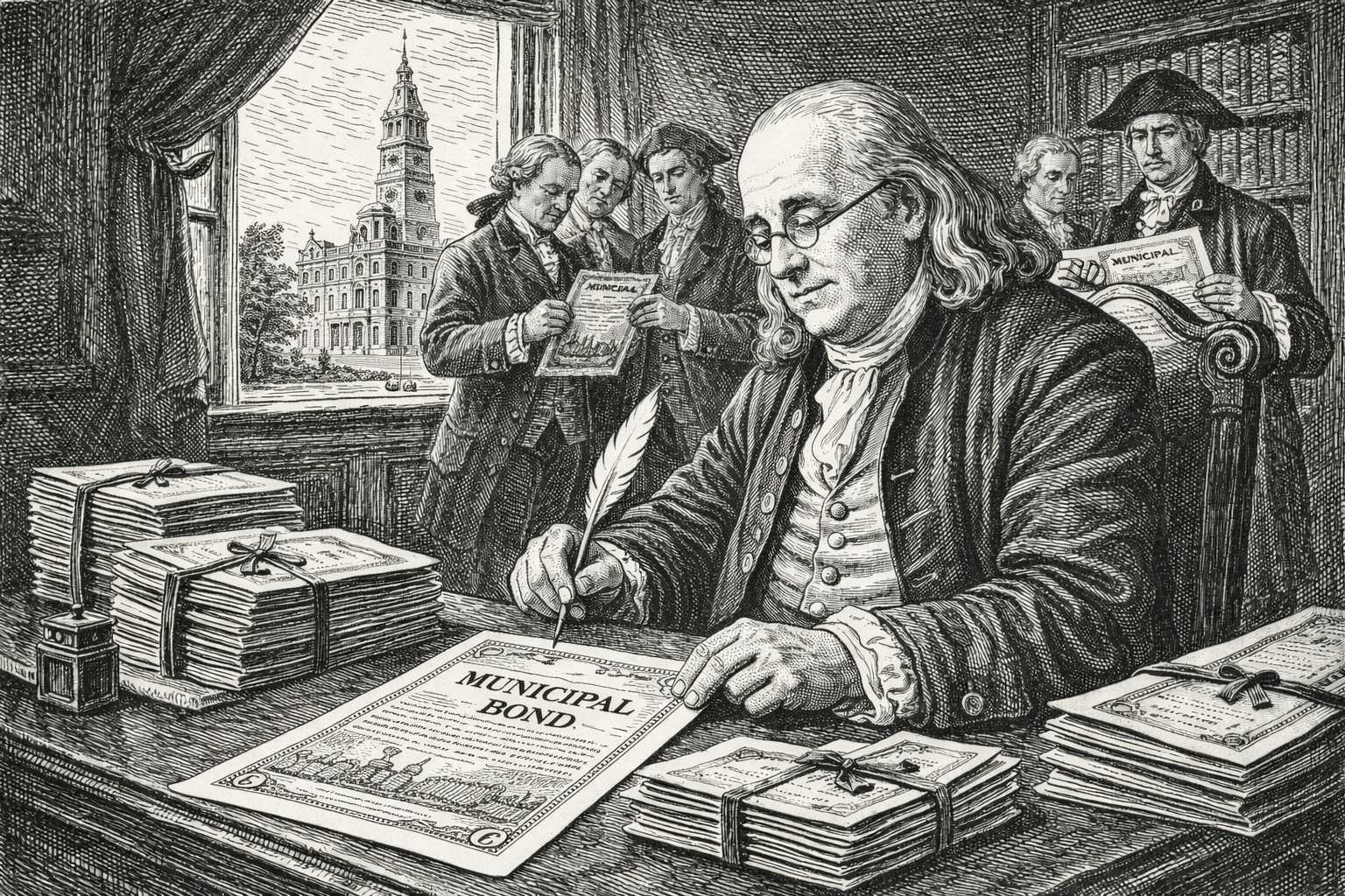 An etching of Benjamin Franklin issuing debt in front of City Hall